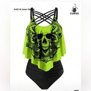 SHEIN Curve Neon Green Skull Two Piece